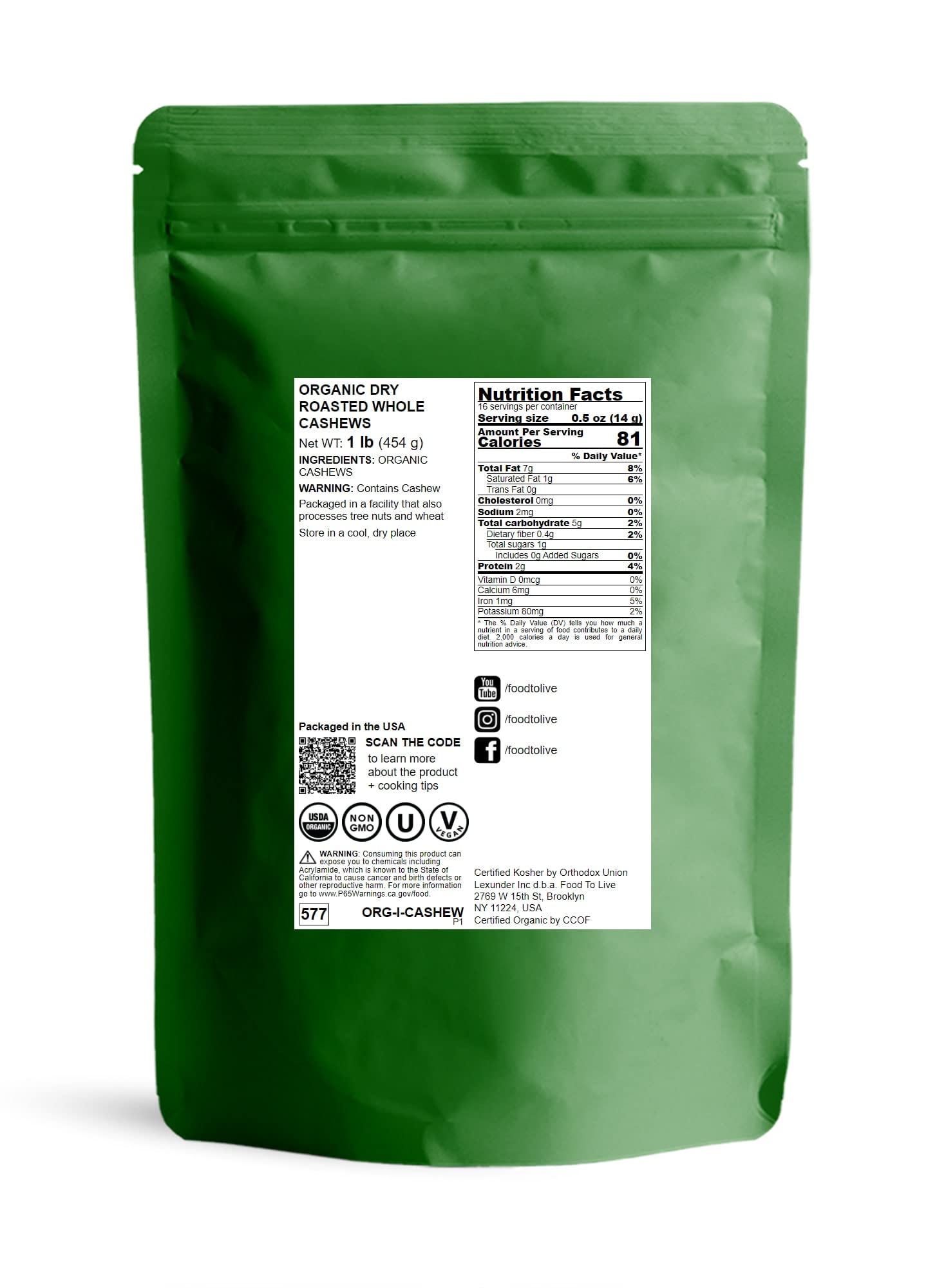 Food to Live Organic Dry Roasted Whole Cashews with Himalayan Salt, 1 Pound Non-GMO, Oven Roasted and Lightly Salted Nuts, No Oil Added, Vegan