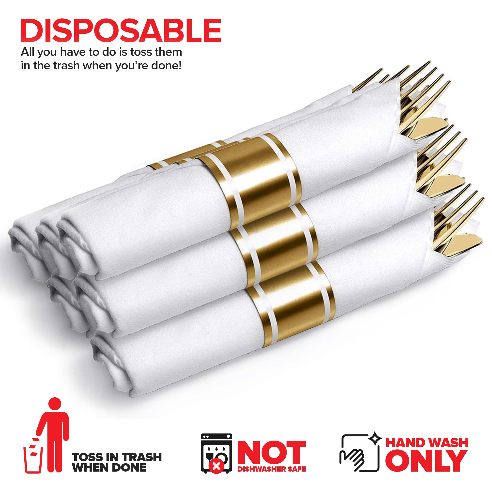 Pre Rolled Plastic Silverware Sets for Parties (25 Pack) Gold Cutlery Set, Disposable Spoons, Forks, Knives, Napkins Prewrapped, Heavy Duty Utensils