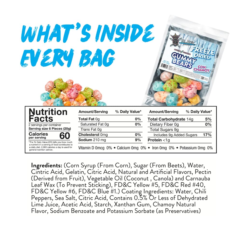 El Jefe Snacks Freeze-Dried Gummy Bears with Chamoy - Crunchy Freeze-Dried Candy with Sweet Fruit Flavor & Tangy Chamoy - Light, Airy Candy Snack