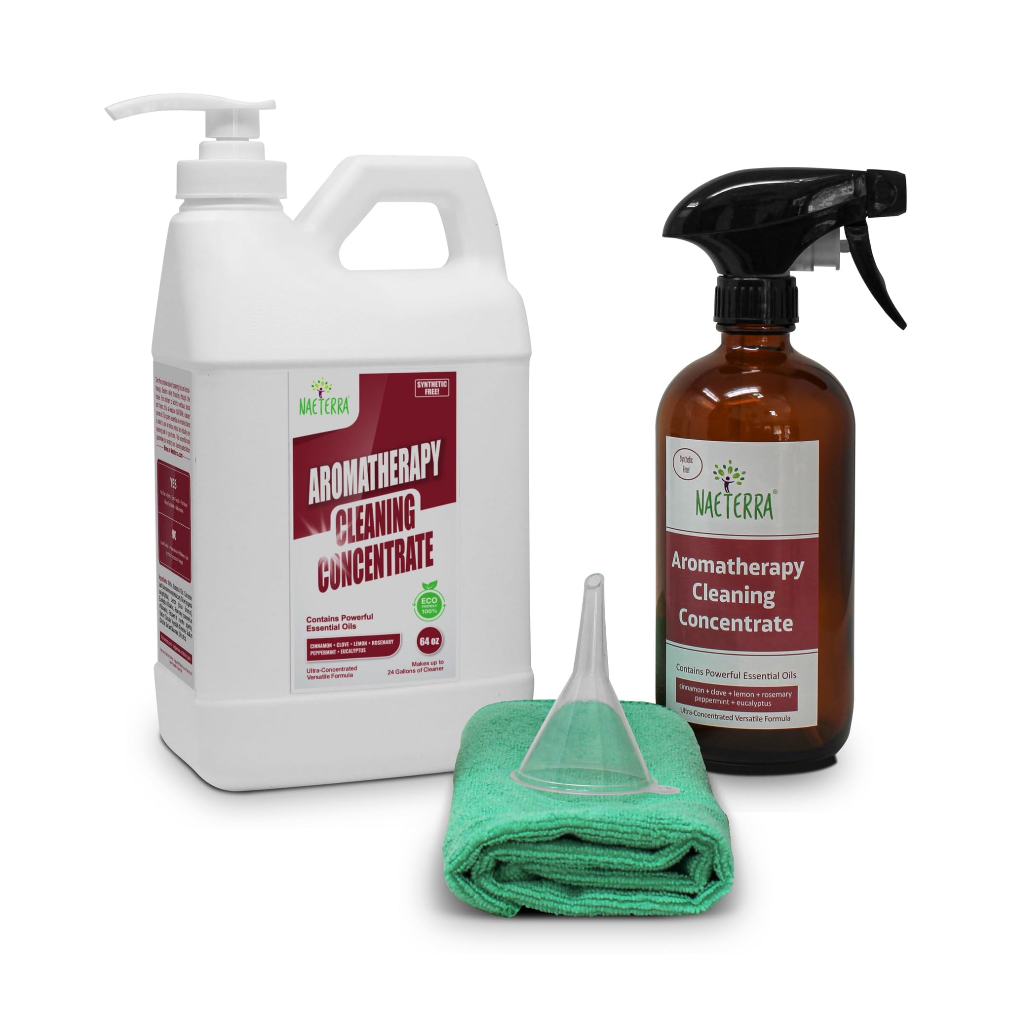Naeterra Aromatherapy Cleaning Starter Kit - 64oz Plant-Based Concentrate, 16oz Amber Glass Bottle, Funnel & Cloth - Legendary Apothecary Botanical