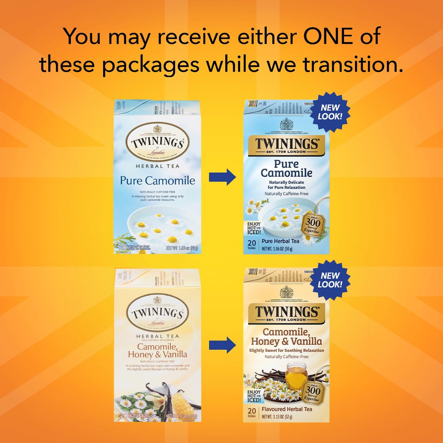 Twinings Camomile Herbal Tea Bag Variety 2-Pack - Pure + Honey & Vanilla Naturally Caffeine-Free Teas, 20 Count Each