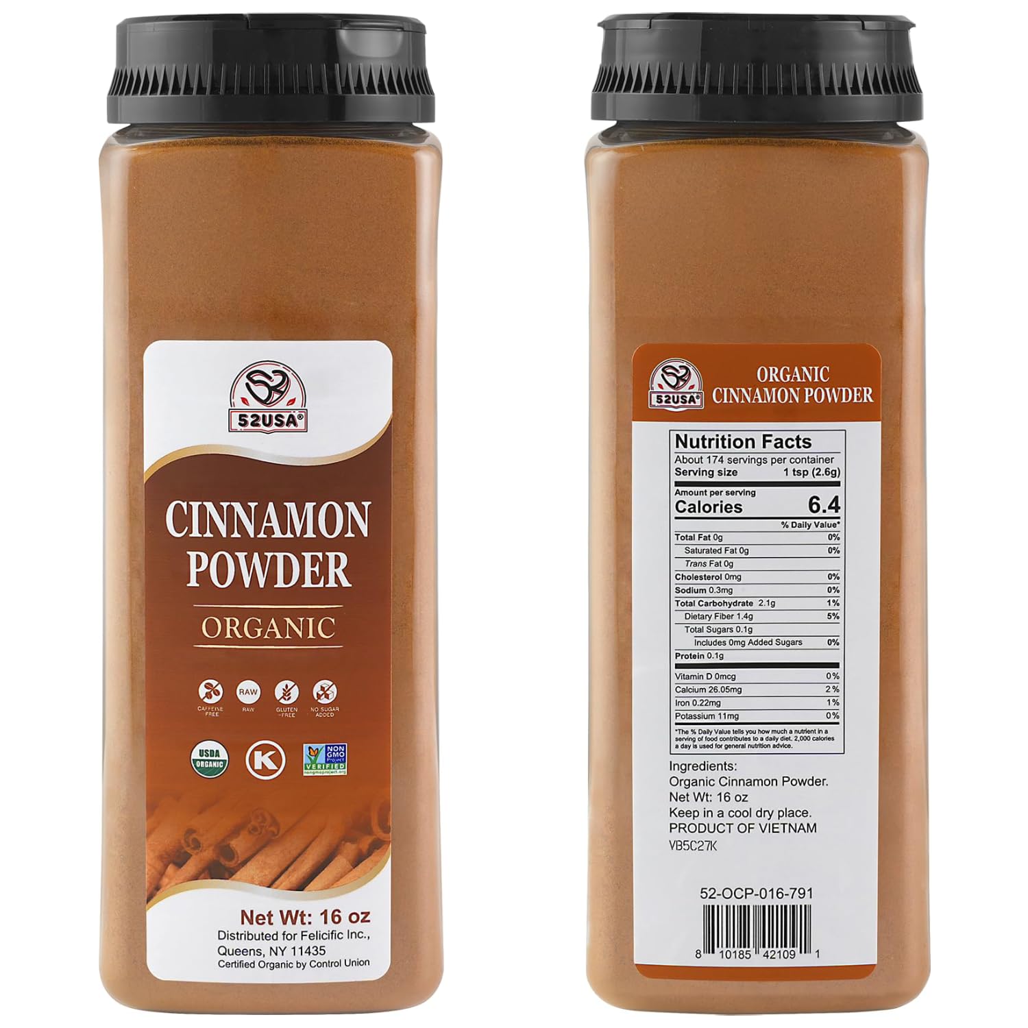 52USA Organic Cinnamon Powder,1 lb (16oz),Pure Ground Cinnamon, 100% Certified,Premium Quality Spice-Great for Baking,Cooking and Drinks,Additive