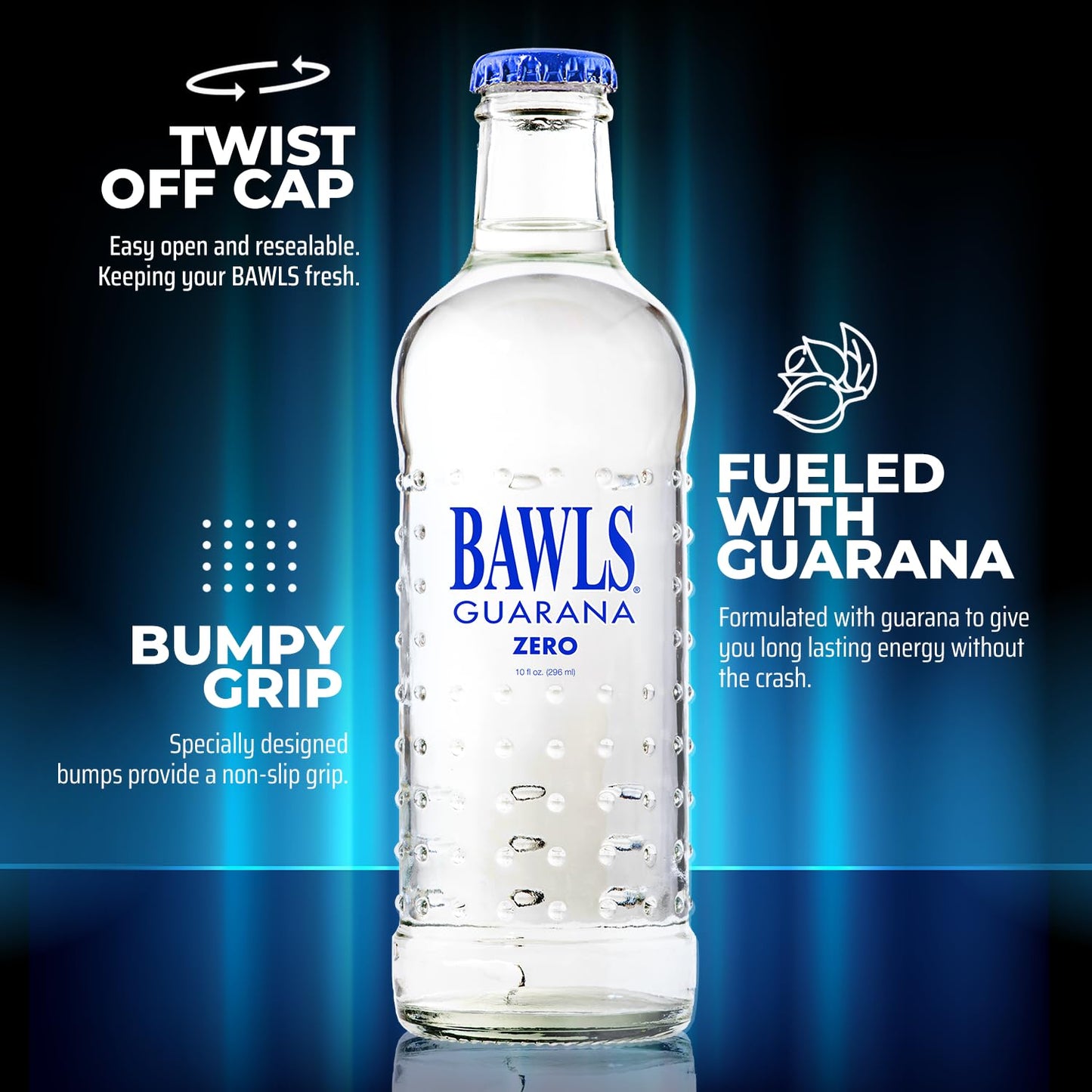 BAWLS Guarana Zero, BAWLS Guarana Drink, Guarana Soda, Guarana Fueled Soda for Energy, High Energy Caffeinated Drink, 10oz 12 Pack Glass Bottles