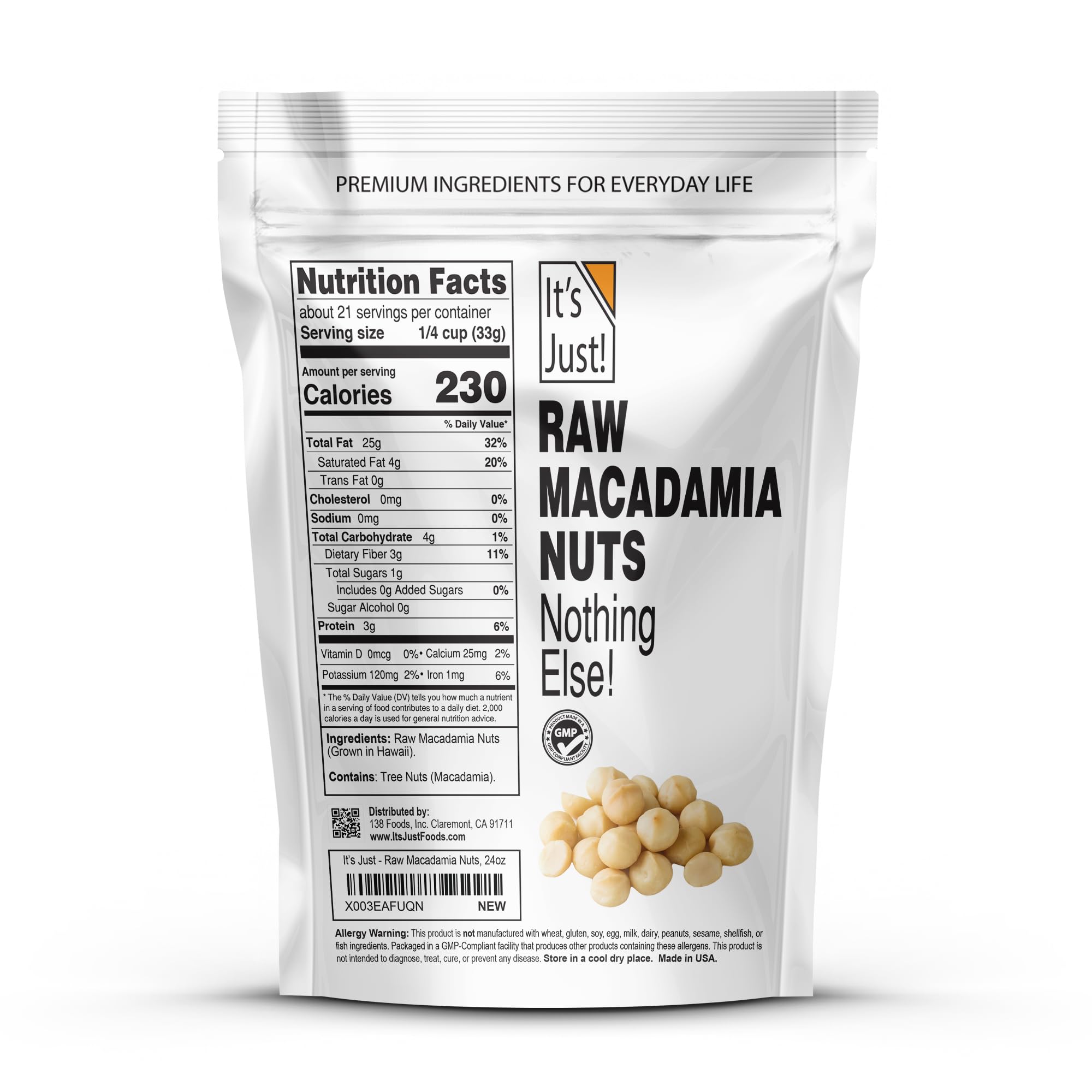 It's Just - Hawaiian Macadamia Nuts, Raw Unsalted, Perfect for Baking, Grown in Hawaii, Made in USA, Keto Friendly, Resealable Bag [24oz (Pack of 1)