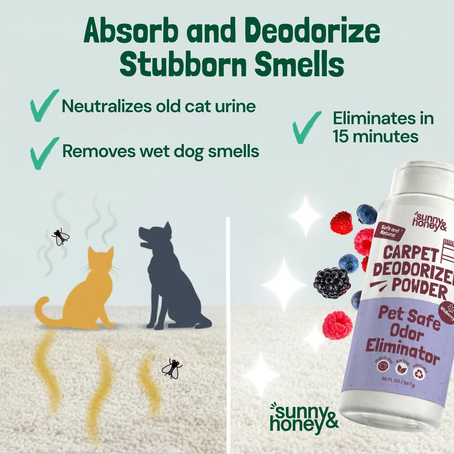 Sunny & Honey Carpet Deodorizer and Freshener Powder - Pet Safe Rug Refresher for Vacuuming - Berry Odor Eliminator for Strong Odor and Pet Urine (20