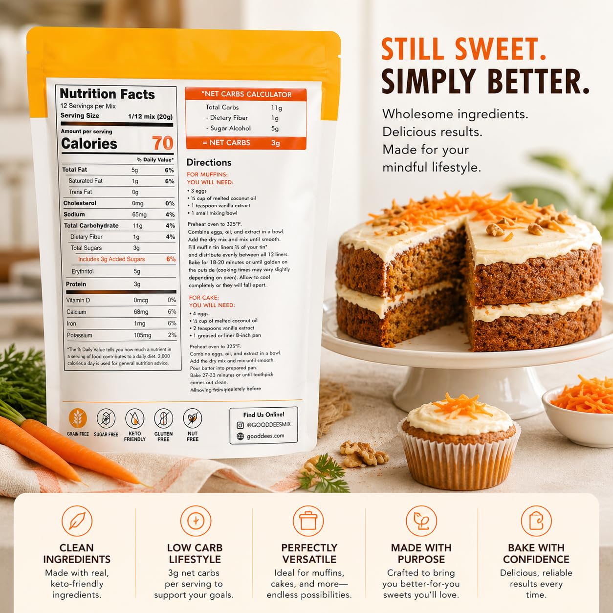 Good Dees Low Carb Baking Mix, Carrot Muffin & Cake Mix, Keto Baking Mix, No Sugar Added, Gluten Free, Dairy-Free, Diabetic (Pack of 1)