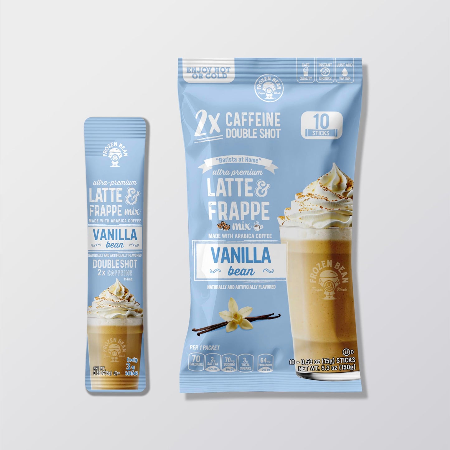 The Frozen Bean Vanilla Bean Frappe & Latte Instant Mix (10 Sticks), Made with Arabica Coffee, Double Shot Caffeine, Low Sugar & Premium Ingredients