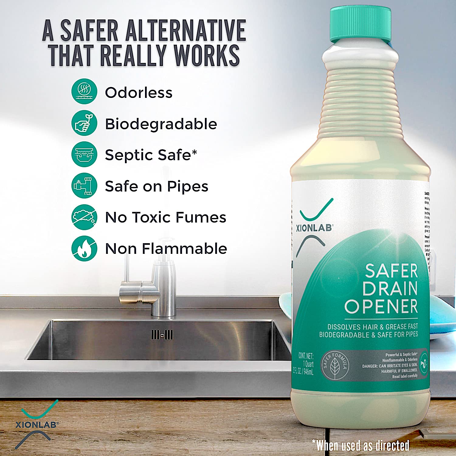 XionLab Safer, Greener Drain Clog Remover - Industrial-Strength Liquid Drain Cleaner for Hair & Grease - Septic Safe, Odorless, Biodegradable