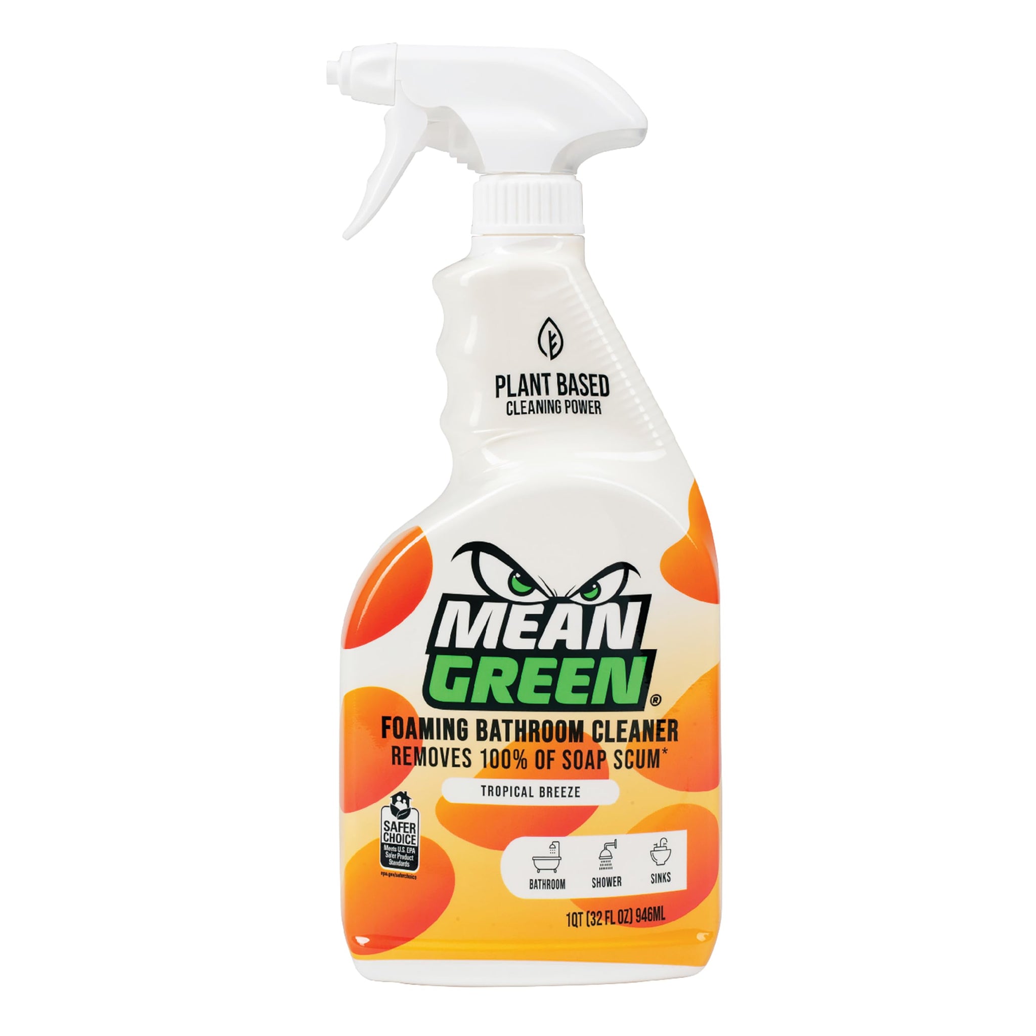 Mean Green Foaming Bathroom Cleaner Spray, Tropical Breeze, 32 oz - Removes 100% of Soap Scum, Shower, Tile, Sink & Bathroom Surfaces