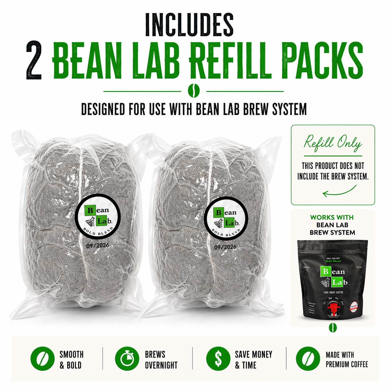 Refill Pods - Bean Lab Cold Brew Coffee - 2Bold - Coarse Ground Coffee for Smooth Low-Acid Cold Brew - To Be Used With Our Reusable Brew System