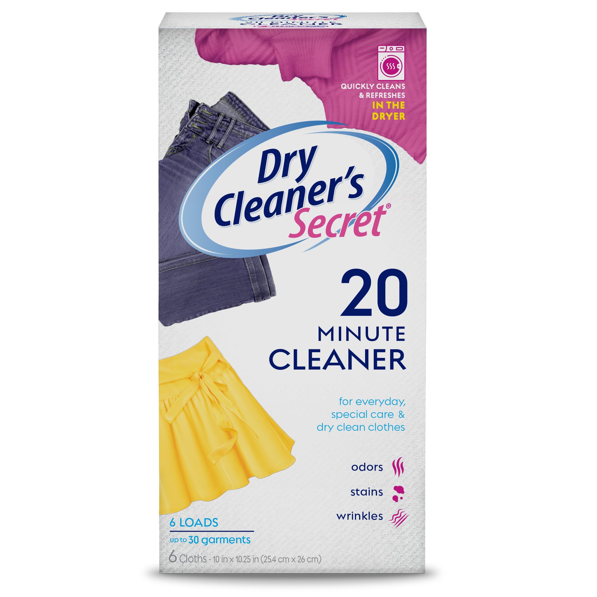 Woolite At-Home Dry Cleaner Dry Cleaning Cloths and Stain Removal, Easy to Use, Safe on Wool, Cashmere, and Designer Jeans, Fresh Scent, 6 Cloths