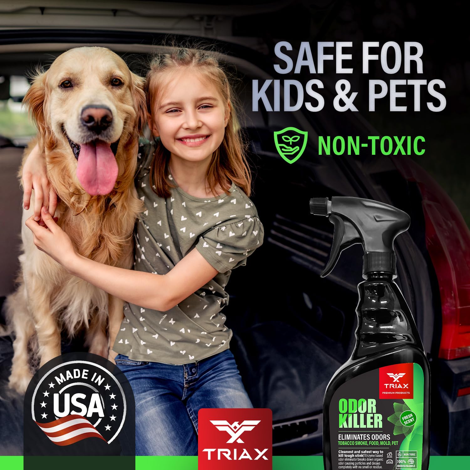 TRIAX Odor Killer - Advanced Odor Control - Ready to Use, Fresh Scent, Multi-Purpose - Non-Toxic and 100% Biodegradable - For Carpets, Fabrics, Hard