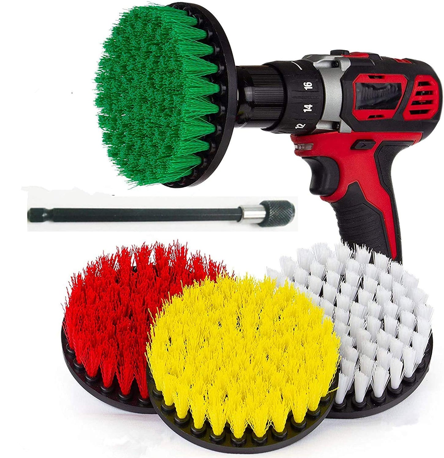5 Piece Soft, Medium and Stiff Power Scrubbing Brush with 6 Inch Size Extender Drill Attachment for Cleaning Showers, Tubs, Bathrooms, Tile, Grout