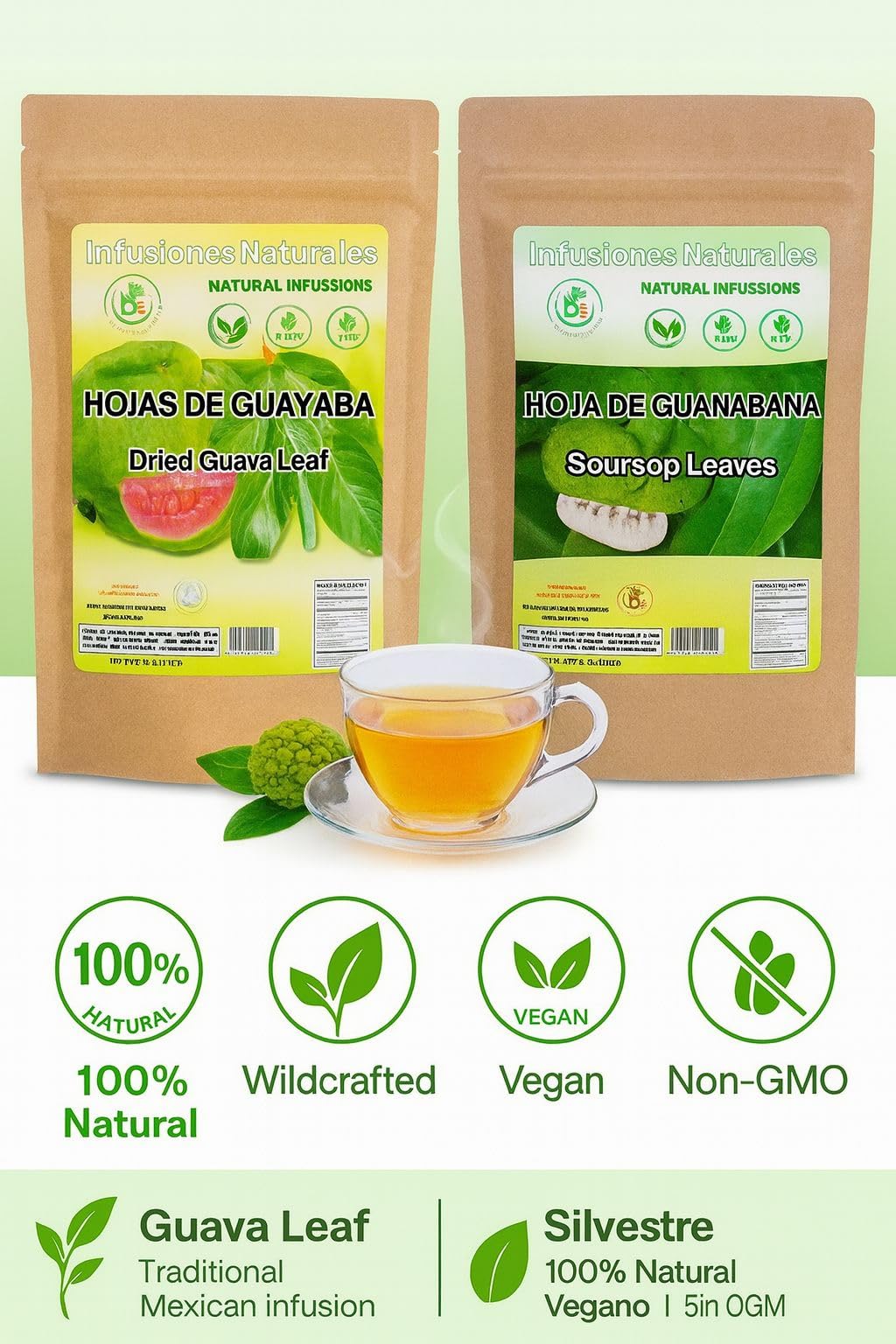BexpertsUSA - Guayaba(Guava) Leaf Tea (4 oz) + Guanábana (Soursop) Leaves Tea (4 oz) - Wildcrafted Loose Leaf Herbal, Viral Combo - 100% Natural