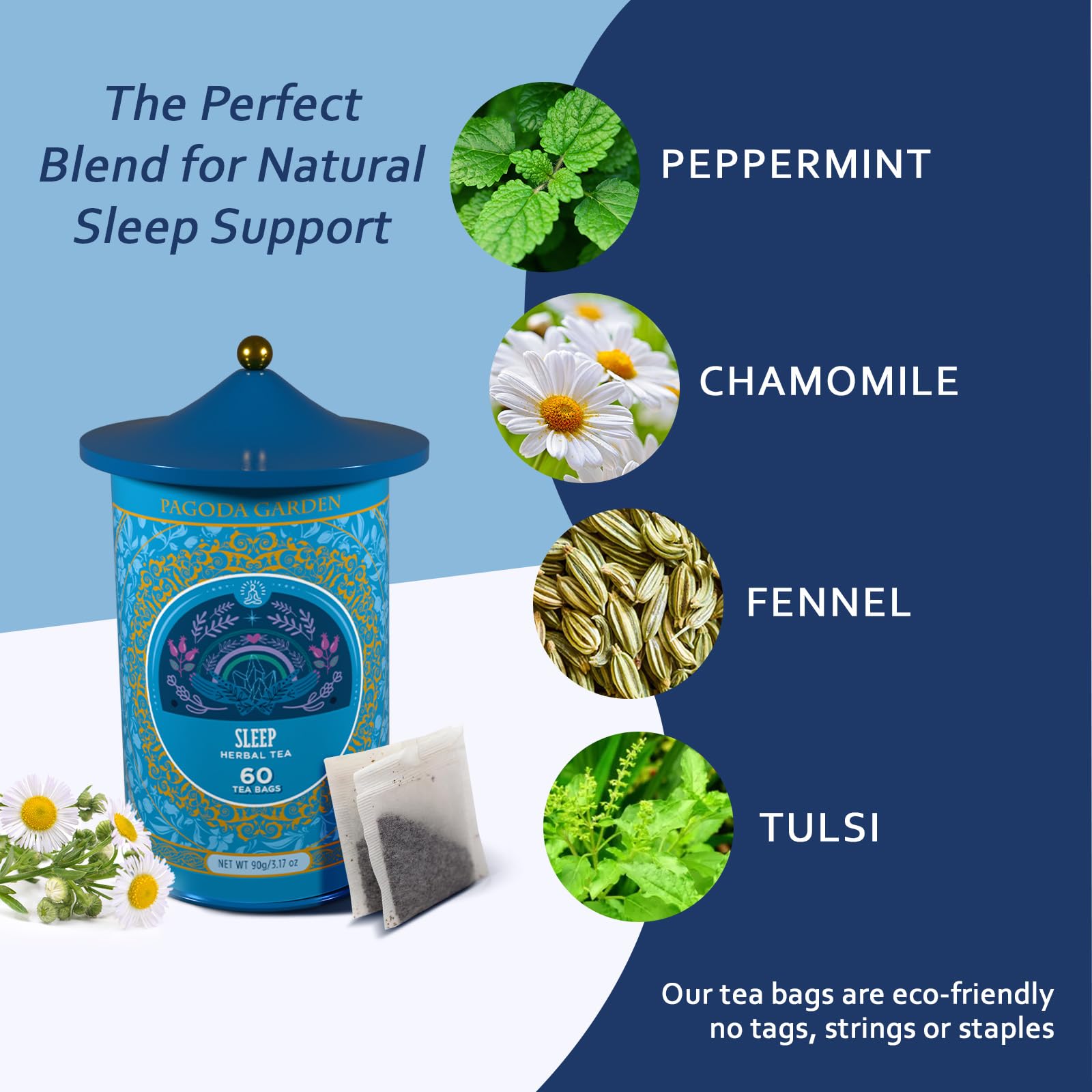 Life Plus Style Gourmet Pagoda Garden Sleep Herbal Tea Caffeine Free Peppermint Tea Chamomile Fennel Tulsi Hot or Iced Floral Blend Natural Delicious