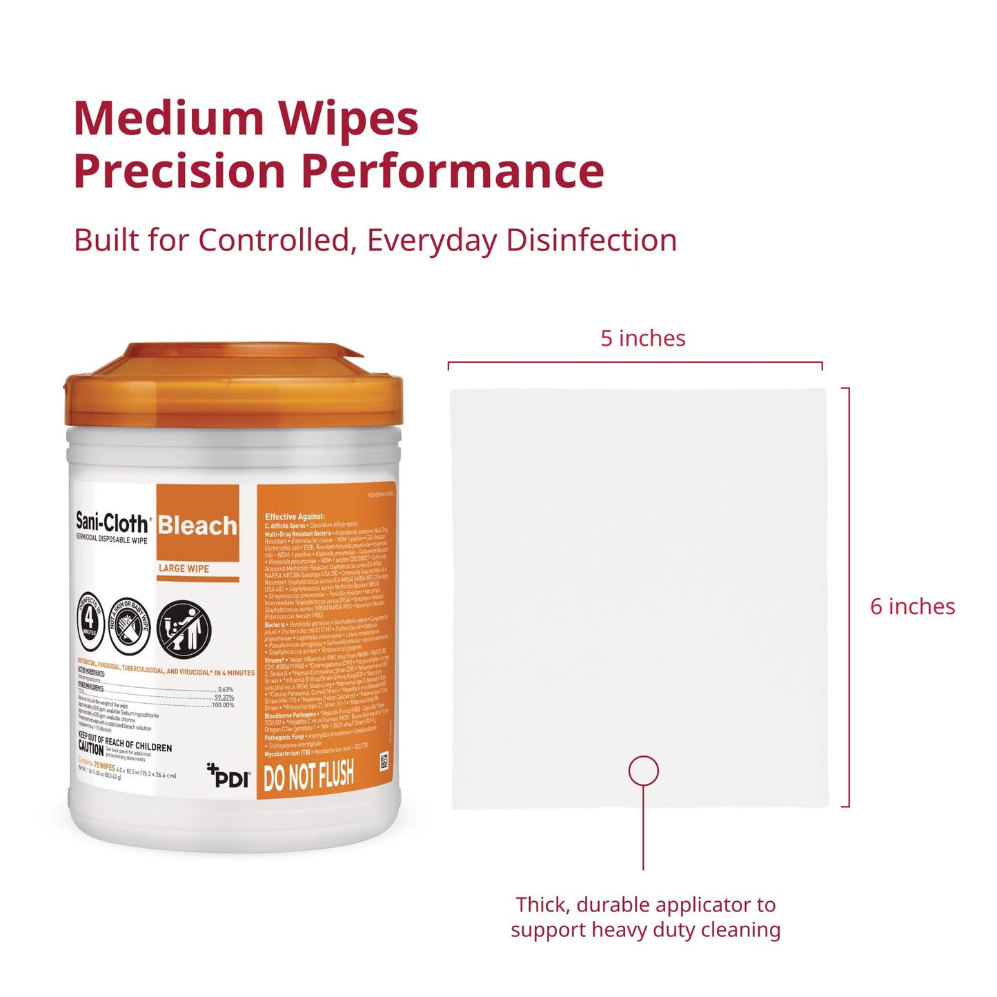 PDI Sani-Cloth Bleach Disinfecting and Cleaning, 160 Count Canister, Medium 6" x 5" Wipes, Hospital-Grade Bleach for Healthcare, Vet, and C. Diff