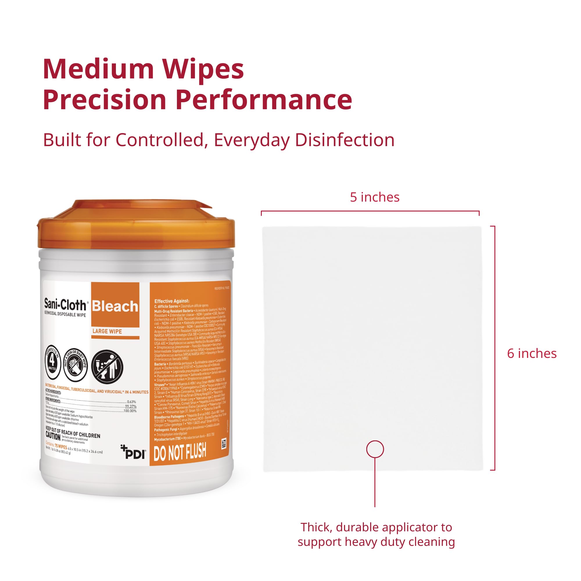 PDI Sani-Cloth Bleach Disinfecting and Cleaning, 160 Count Canister, Medium 6" x 5" Wipes, Hospital-Grade Bleach for Healthcare, Vet, and C. Diff