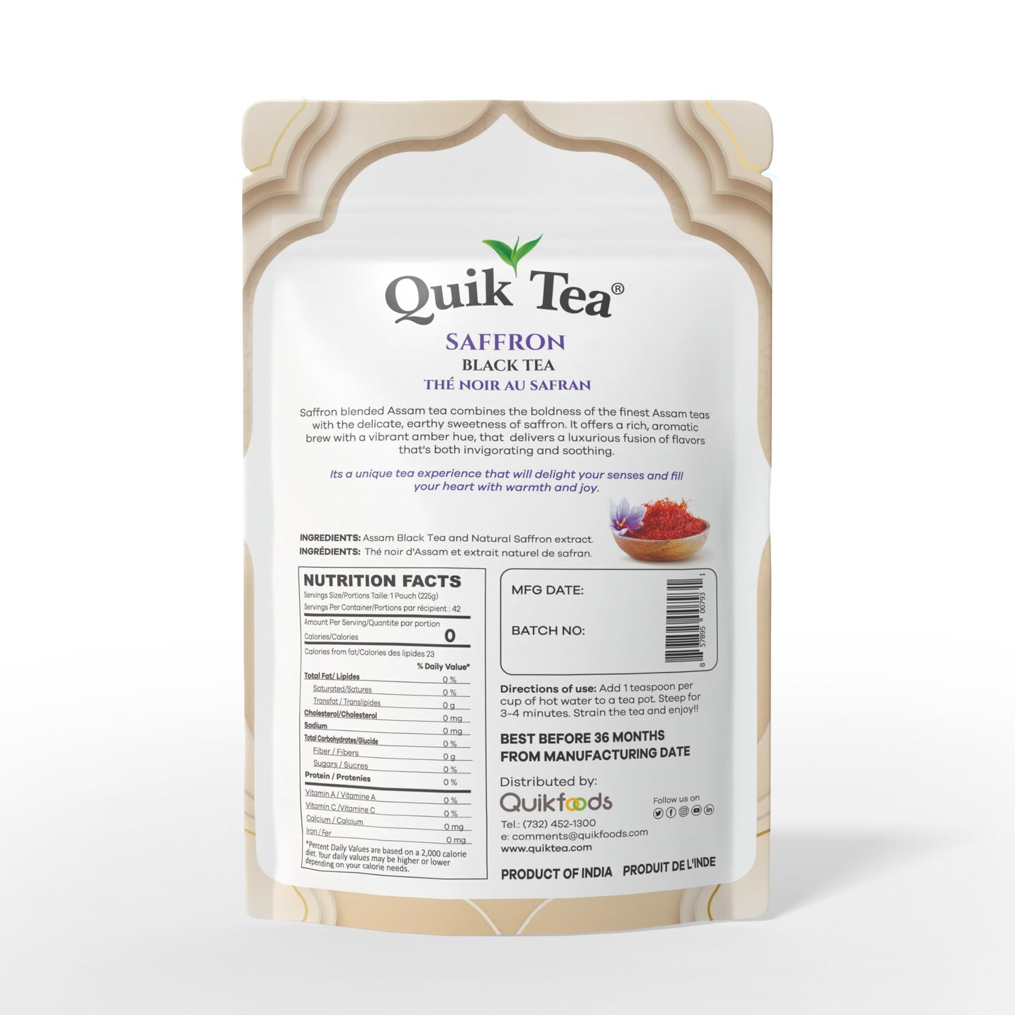 QuikTea Saffron Black Tea - 7.94 oz Loose Tea Standee Pouch, Bold Taste of Premium Assam Tea Expertly Blended with All Natural Aromatic Saffron, No