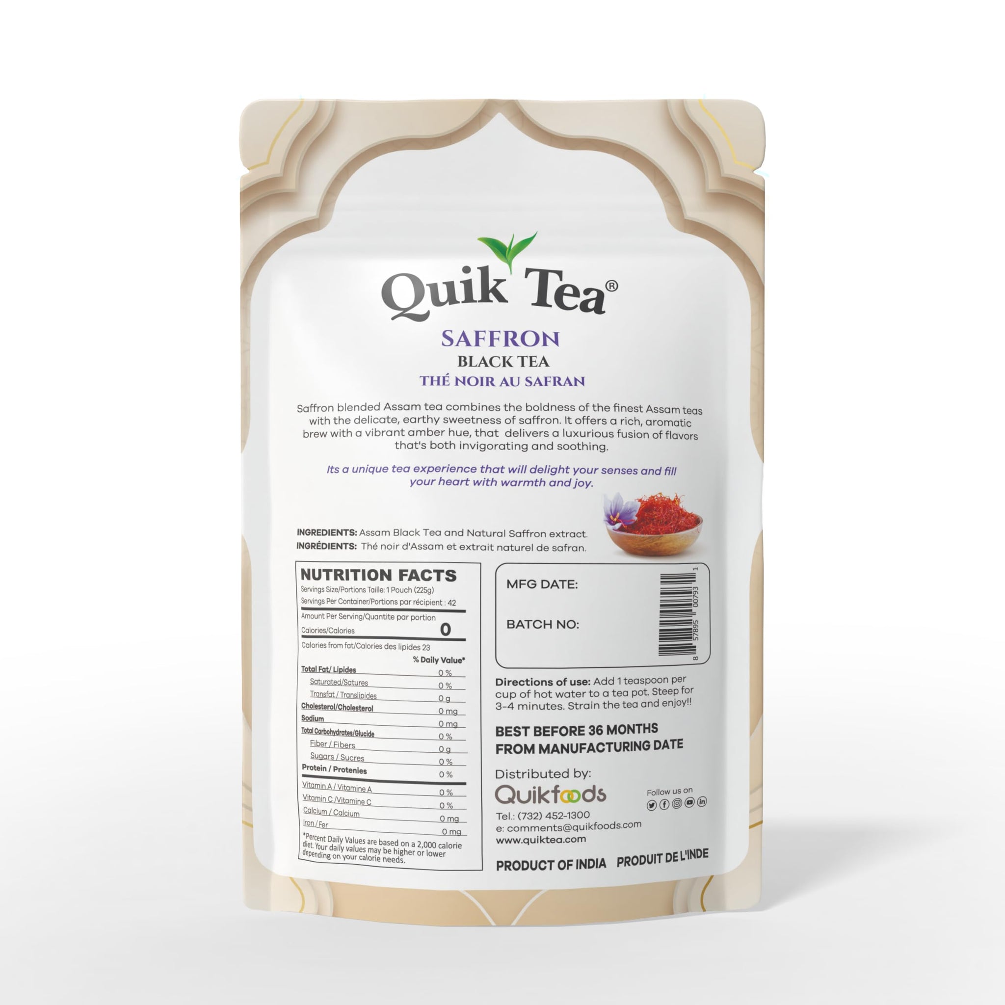 QuikTea Saffron Black Tea - 7.94 oz Loose Tea Standee Pouch, Bold Taste of Premium Assam Tea Expertly Blended with All Natural Aromatic Saffron, No