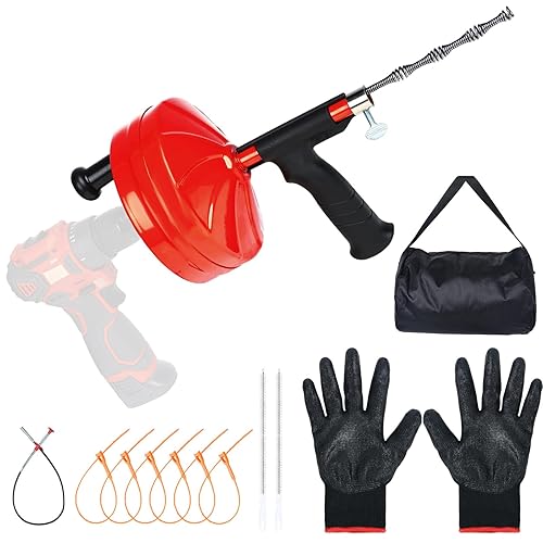 50 Ft Drain Auger,Use Manually or Drill Powered 50 Feet Drain Snake,Heavy Duty Flexible Plumbing Snake,With Gloves and Storage Bag for Kitchen Sink