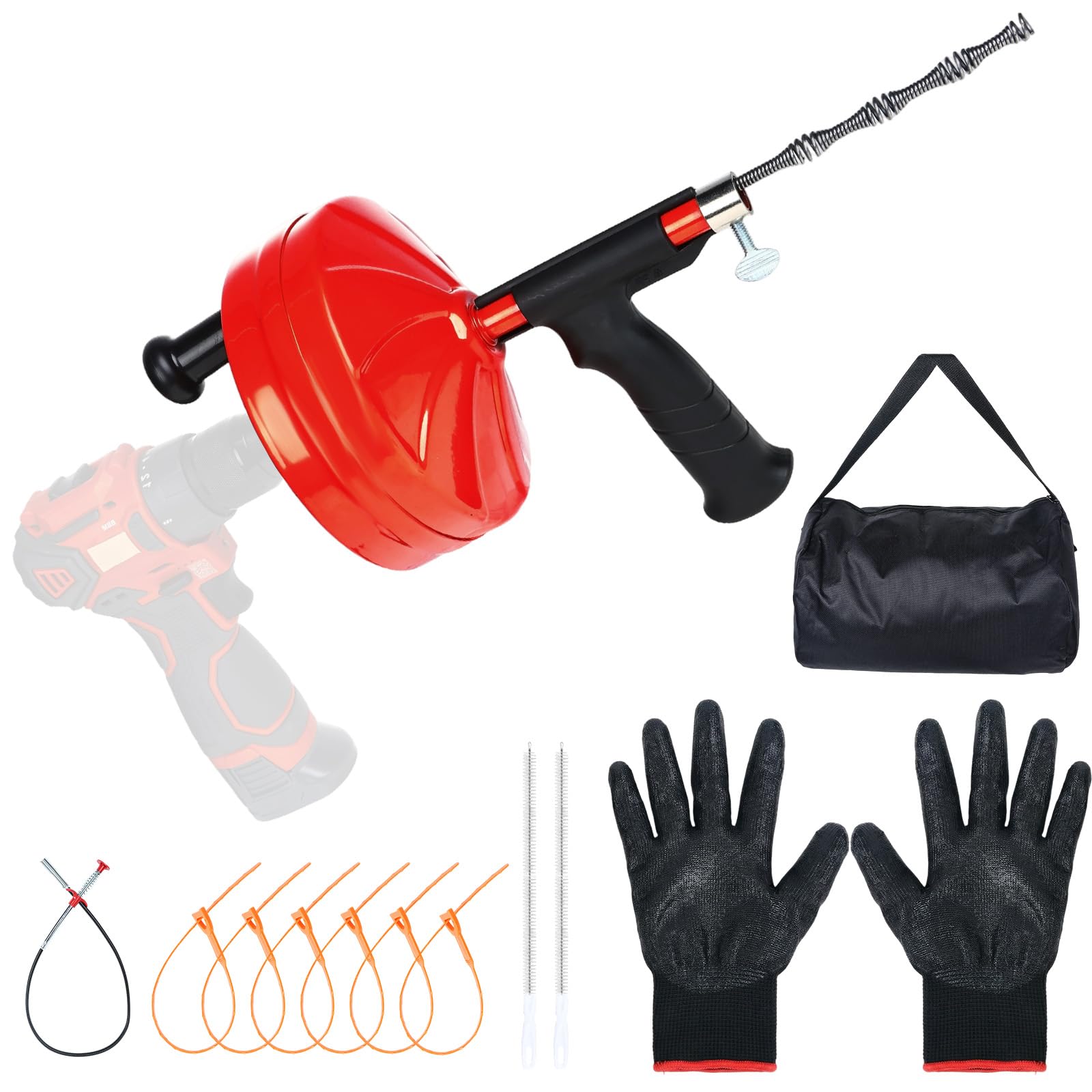 50 Ft Drain Auger,Use Manually or Drill Powered 50 Feet Drain Snake,Heavy Duty Flexible Plumbing Snake,With Gloves and Storage Bag for Kitchen Sink