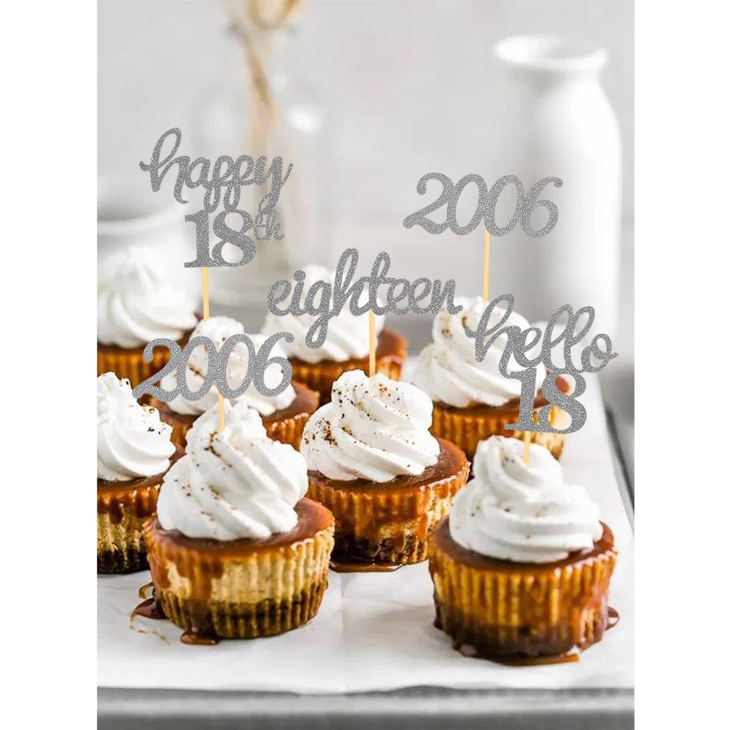 24 Pcs Glitter 18th Birthday Cupcake Toppers for Celebrating 18th Birthday Party Decorations for Eighteen Years Old Birthday Party Supplies (Silver)