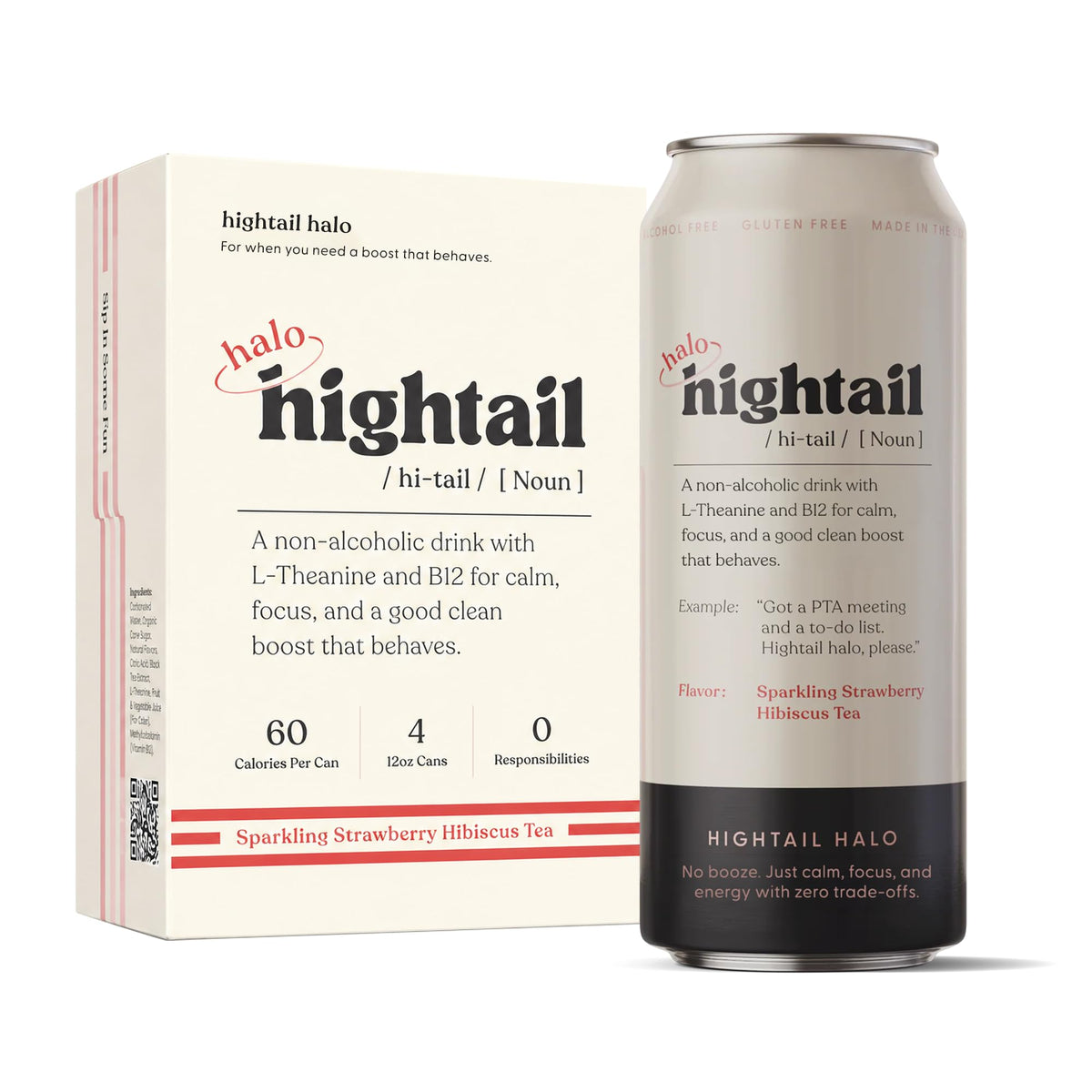 Hightail Halo Strawberry Hibiscus Sparkling Tea, L-Theanine + B12, 4 Pack