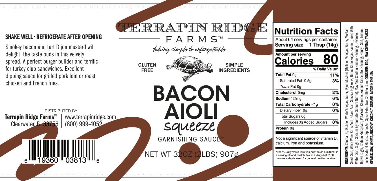 Terrapin Ridge Farms Bacon Aioli - Creamy Gourmet Spread with Smoky Bacon & Dijon Mustard - Gluten & Dairy Free, Keto Friendly, 1 Quart
