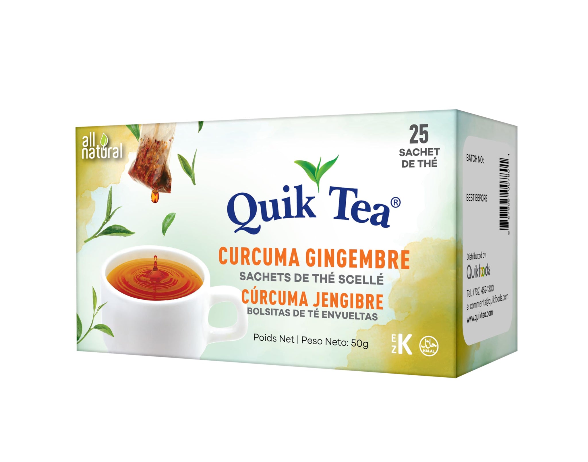 QuikTea Turmeric Ginger Tea Bags - 25 Count - All Natural, Preservative Free - Low Caffeine, Natural Turmeric and ginger Extracts - Warming
