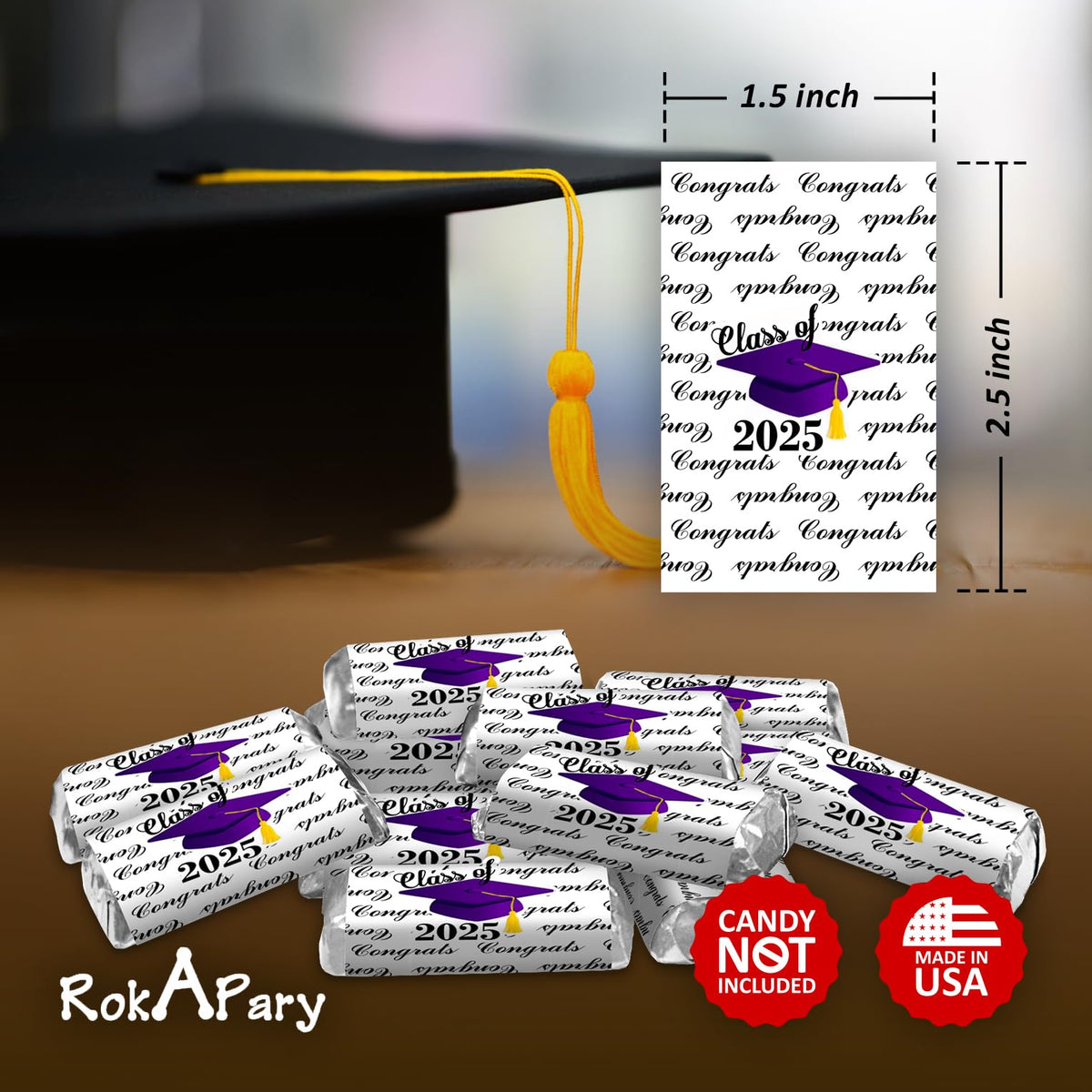 60 Graduation Cap Party Class of 2026 Miniatures Candy Bar Wrapper, (Set of 60) Mini Candy Chocolate Bar Stickers, Congrats Grad Labels, Candy Not