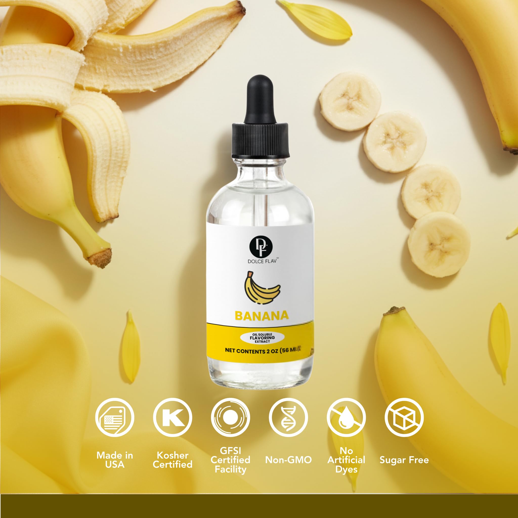 Dolce Flav Banana Extract - 2 Ounce Oil-Soluble Kosher, Sugar-Free, Concentrated Ripe Banana Flavoring for Baking, Smoothies & Ice Cream, Includes