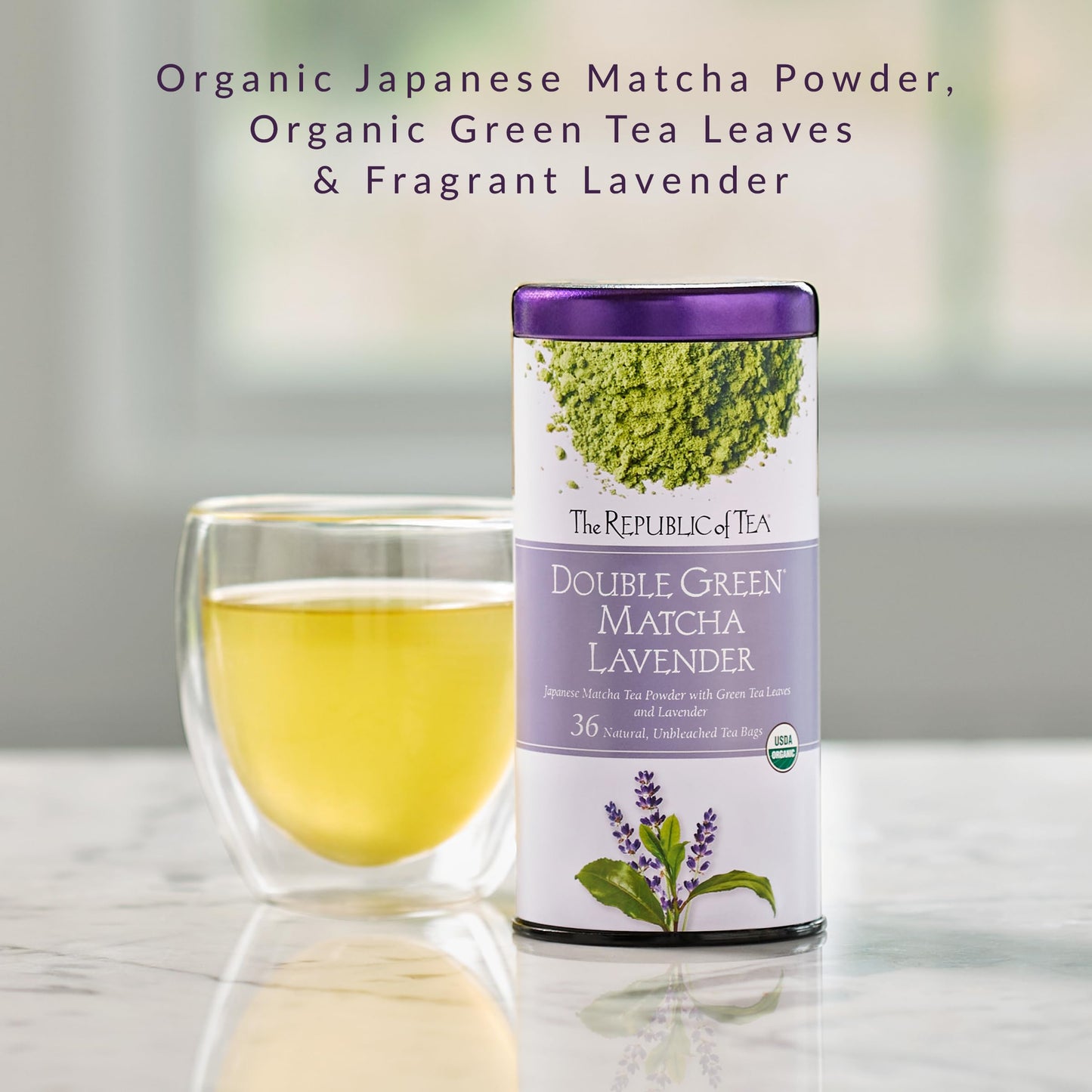 The Republic of Tea Organic Double Green Matcha Lavender, Individual Tea Bags with Japanese Matcha Tea Powder and Green Tea Leaves Blend, Natural