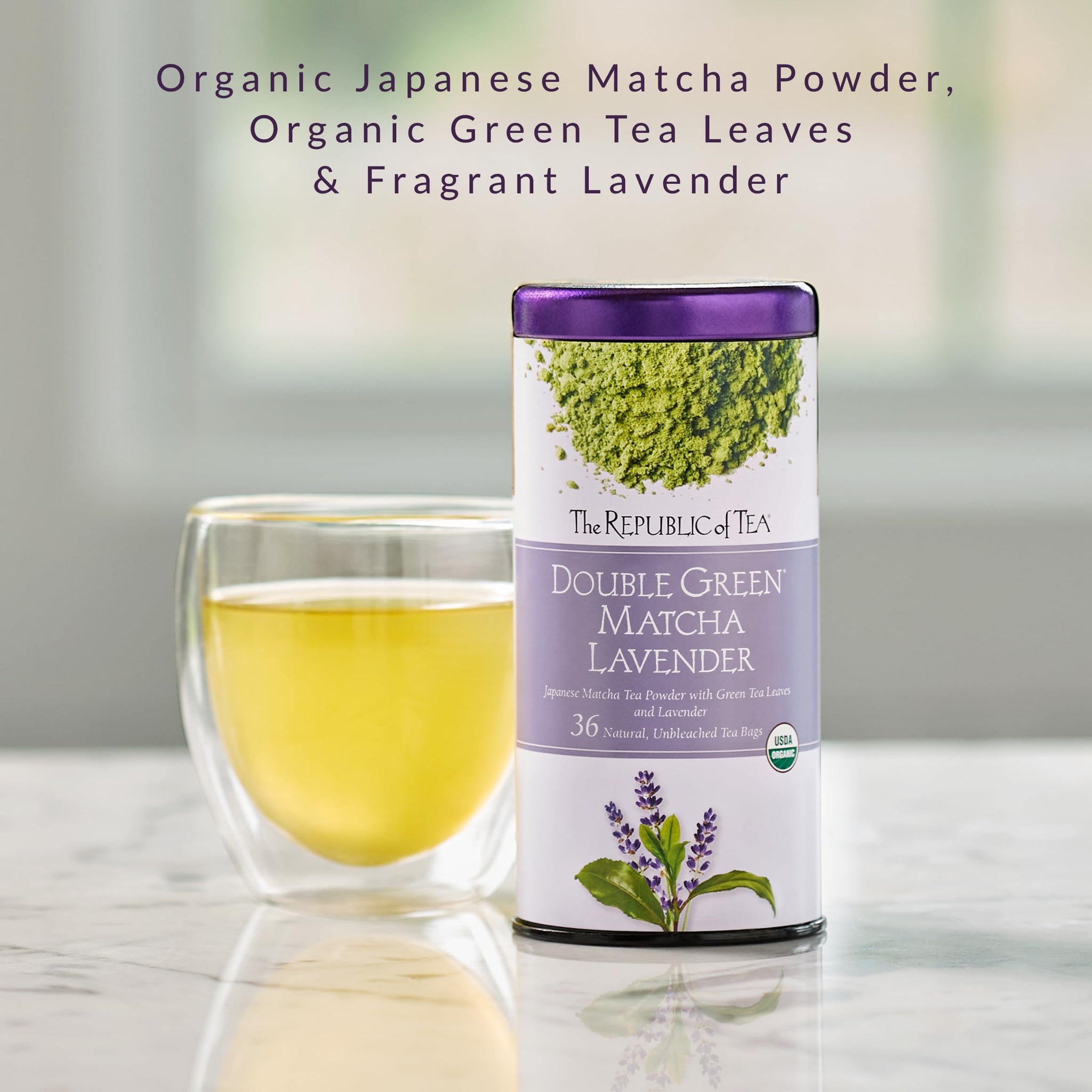 The Republic of Tea Organic Double Green Matcha Lavender, Individual Tea Bags with Japanese Matcha Tea Powder and Green Tea Leaves Blend, Natural