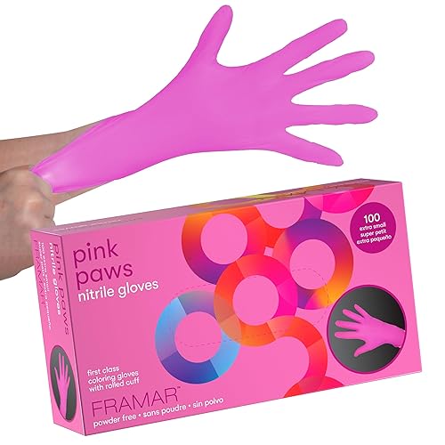 FRAMAR Pink Gloves Disposable Latex Free XS - Pink Nitrile Gloves XS, Nitrile Glove For Hair Dye, Salon, Cleaning, Tattoo, Food Prep, Non Latex