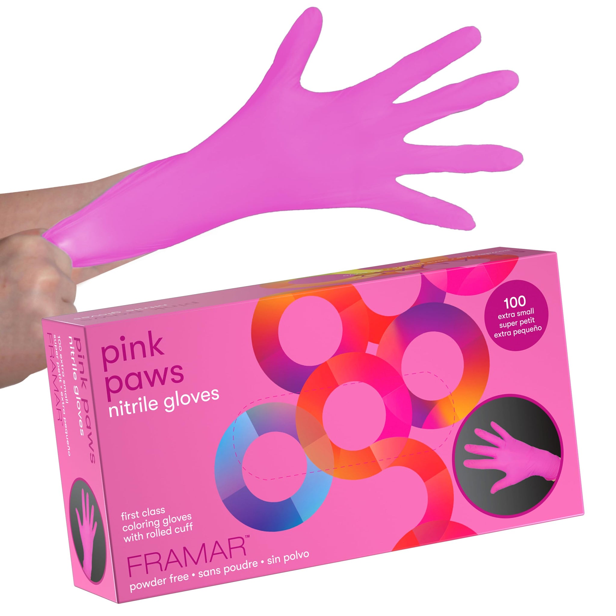FRAMAR Pink Gloves Disposable Latex Free XS - Pink Nitrile Gloves XS, Nitrile Glove For Hair Dye, Salon, Cleaning, Tattoo, Food Prep, Non Latex