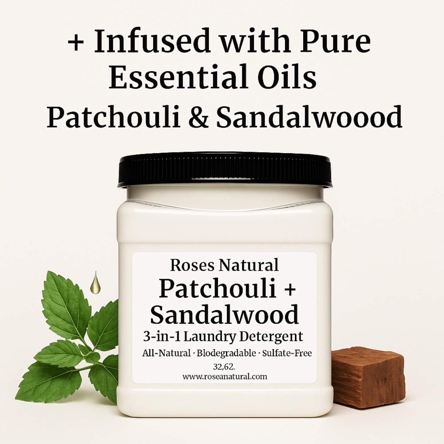 Roses Natural Patchouli + Sandalwood 3-in-1 Laundry Detergent Powder, 32 oz - Cleans, Softens & Removes Stains - Super Concentrated, All-Natural