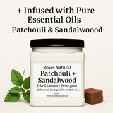 Roses Natural Patchouli + Sandalwood 3-in-1 Laundry Detergent Powder, 32 oz - Cleans, Softens & Removes Stains - Super Concentrated, All-Natural