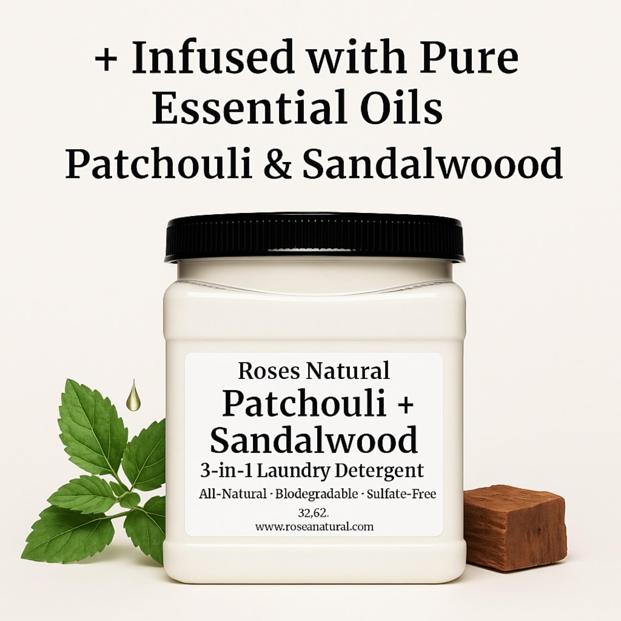 Roses Natural Patchouli + Sandalwood 3-in-1 Laundry Detergent Powder, 32 oz - Cleans, Softens & Removes Stains - Super Concentrated, All-Natural