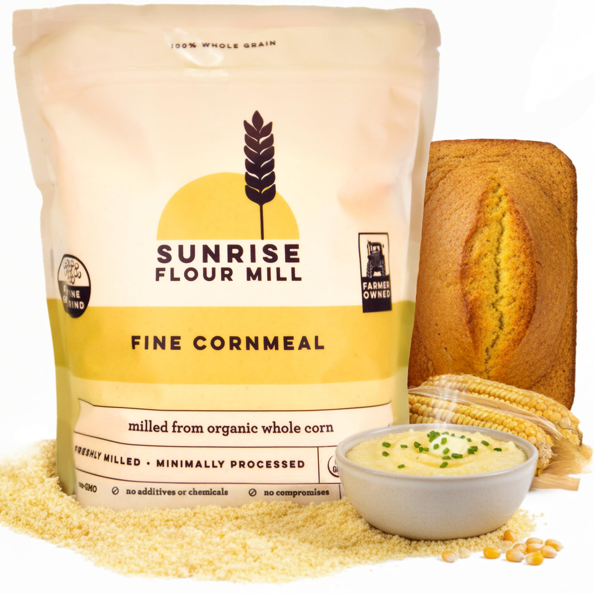 Sunrise Flour Mill Organic Fine Cornmeal | 2 LB | Yellow Cornmeal | Corn Flour | Fine Corn Meal | Milled from Organic Whole Kernel | No Artificial