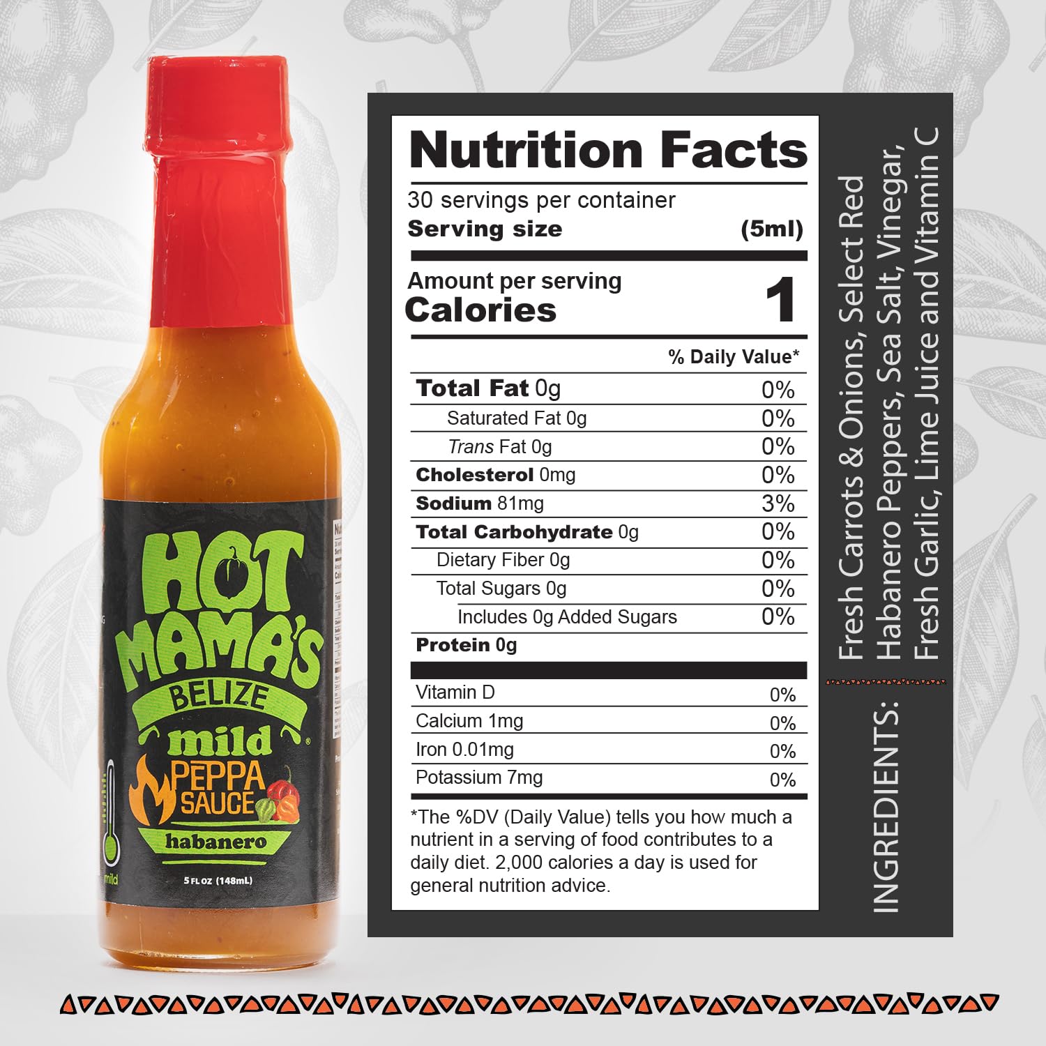 Hot Mama's Belize Mild Pepper Sauce, All Natural, No Preservatives, Non GMO - Gluten-Free, Vegan-Friendly, Fresh Ingredients - Great for Healthy Meals