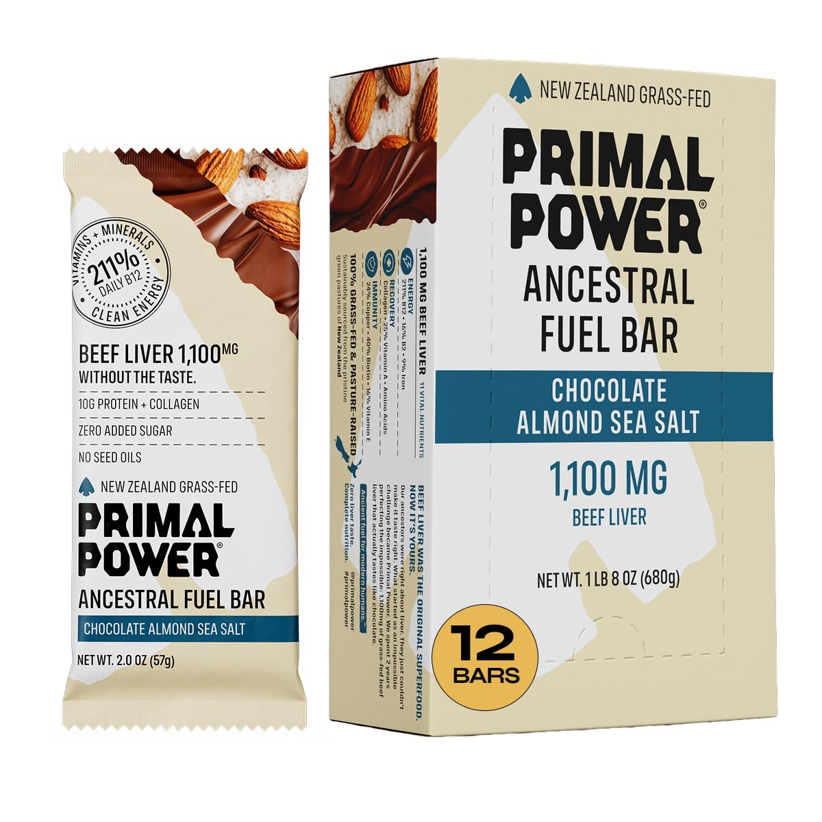 Primal Power Beef Liver Bar 1100mg - New Zealand Grass-Fed, 211% DV B12, 10g Protein Collagen - Zero Added Sugar, No Seed Oils, Gluten Free