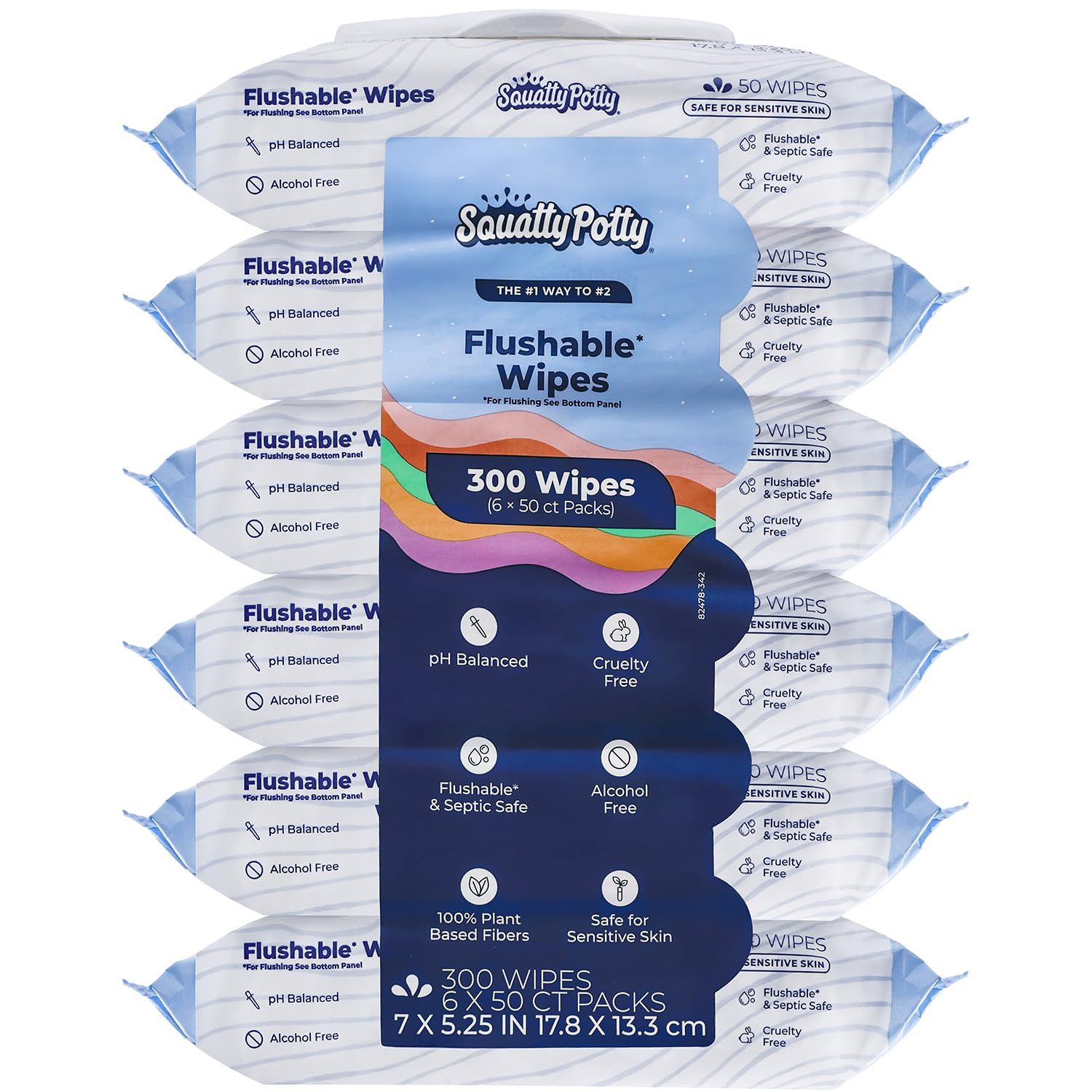 Squatty Potty Flushable Wipes - 6 Pack (300 Total Wipes) - 99% Water & Plant-Based - Green Tea, Cucumber & Aloe Spa Scent - pH Balanced - Septic Safe