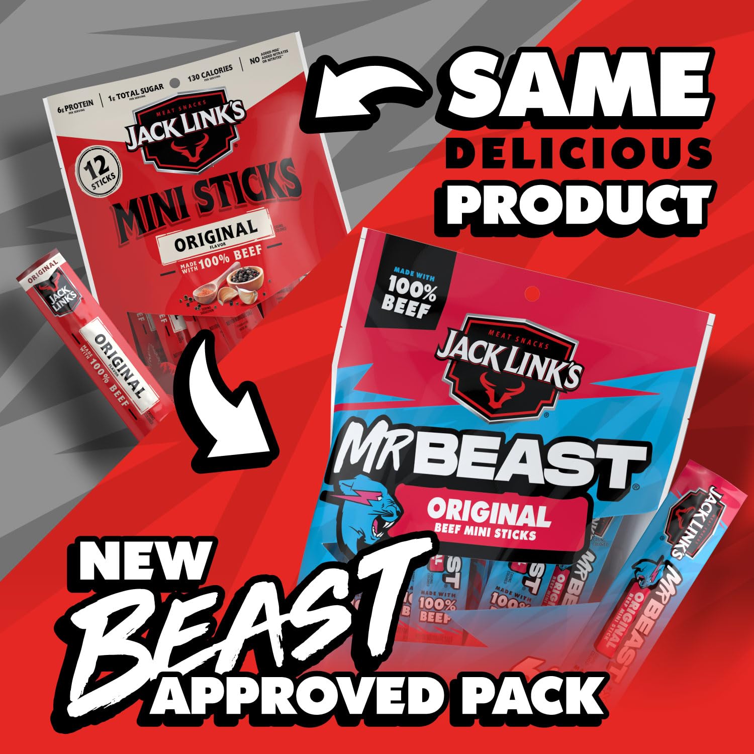 Jack Link's x MrBeast Original Mini Beef Jerky Sticks - Individually Wrapped Protein Snacks - 6g Protein per Serving - Made with 100% Real Beef - (12