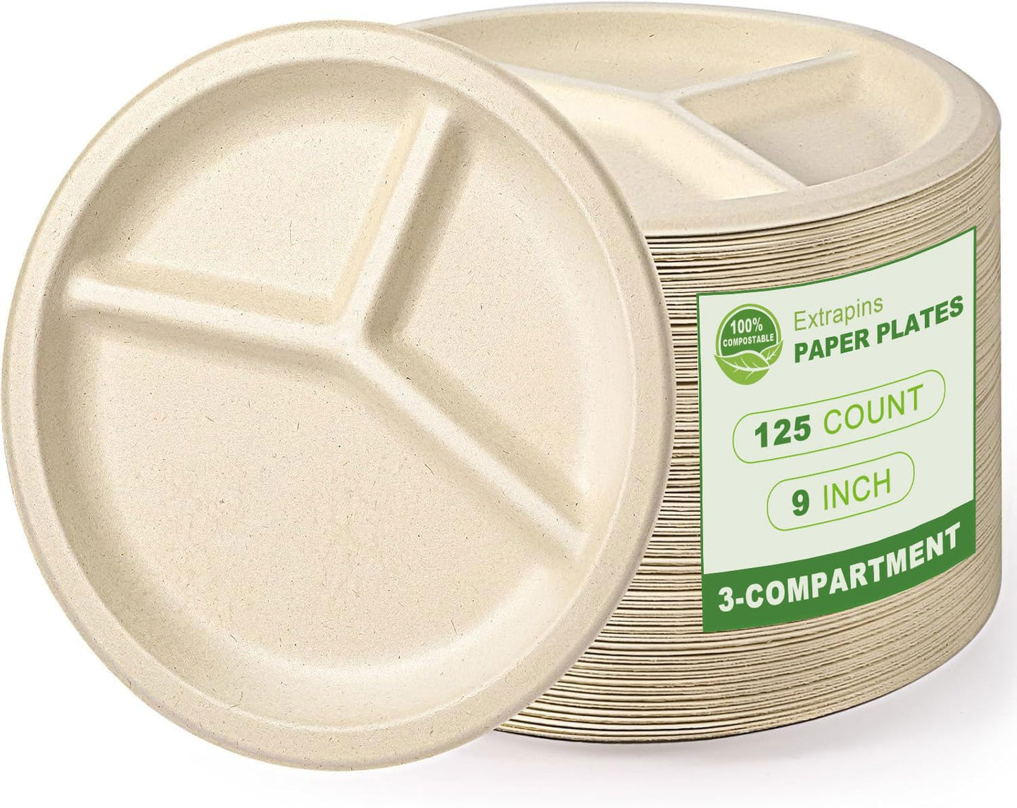 Extrapins 125 Pack 3 Compartment Paper Plates,Compostable Plates,Disposable Paper Plate,9 Inch Heavy Duty Biodegradable Plate for Daily Meals,Food