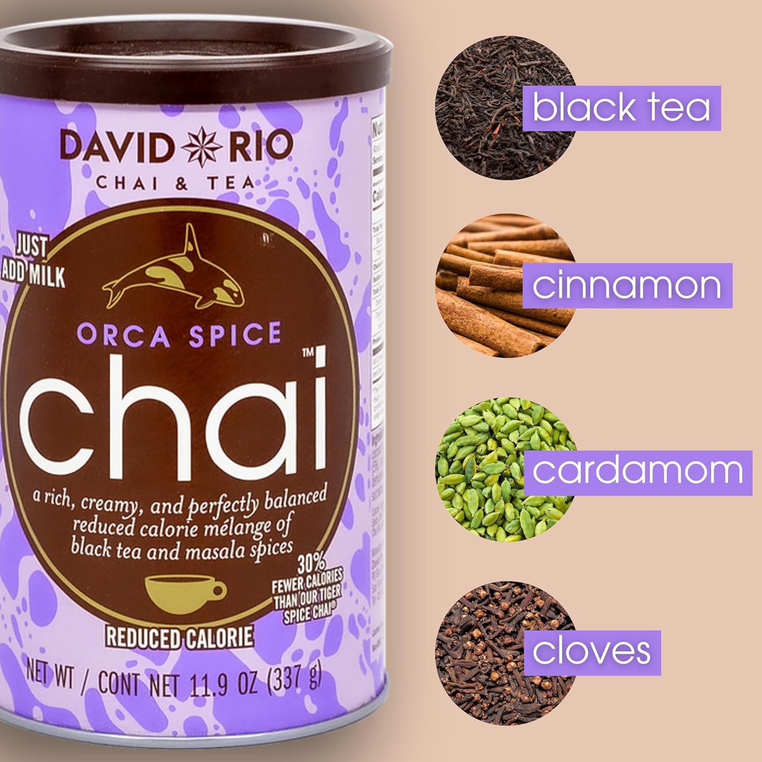 Orca Spice Reduced Calorie Chai Tea Latte Mix, 11.9 Oz, Black Tea, Organic Spices, Sugar Free, Dairy Free, Serve Hot or Cold, Just Add Water or Milk