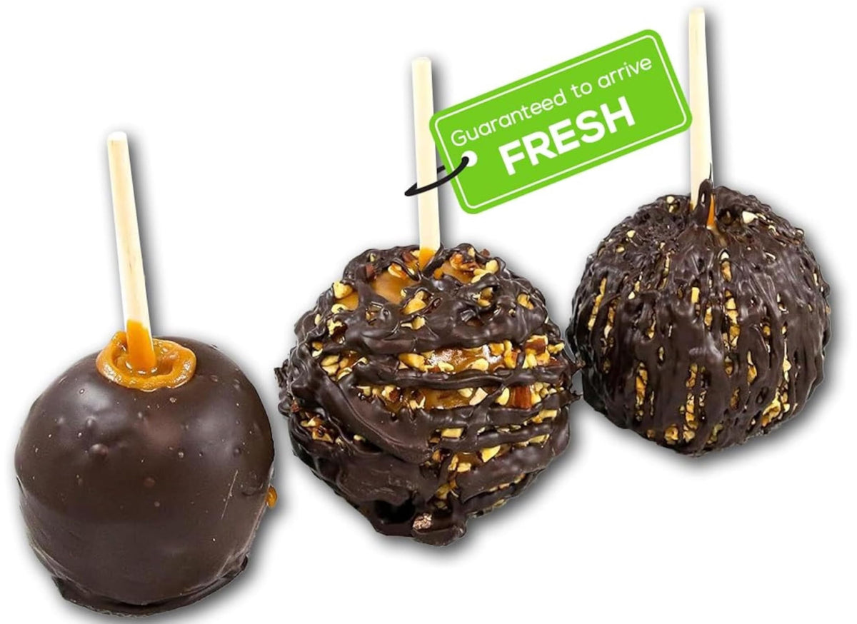 US Sweets Caramel Apple 3 Pack - Caramel Granny Smith Apples Drizzled in Dark Chocolate w/Almonds & Peanuts | Candied Apples | Delicious Gift |