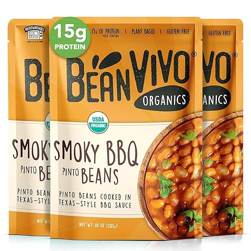 BeanVIVO (Pack of 3) Organics 15g Plant based Protein BBQ Pinto Beans - Good Source of Fiber - Nutritious & Microwave Meals - Gluten-Free Plant Food