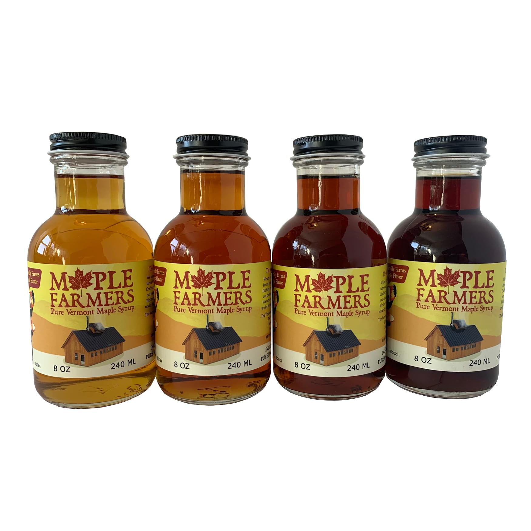 Vermont Maple Syrup Sampler, Pure, Small-Batch from Maple Farmers, Four-pack 8 oz Glass Bottles, Golden, Amber, Dark & Very Dark