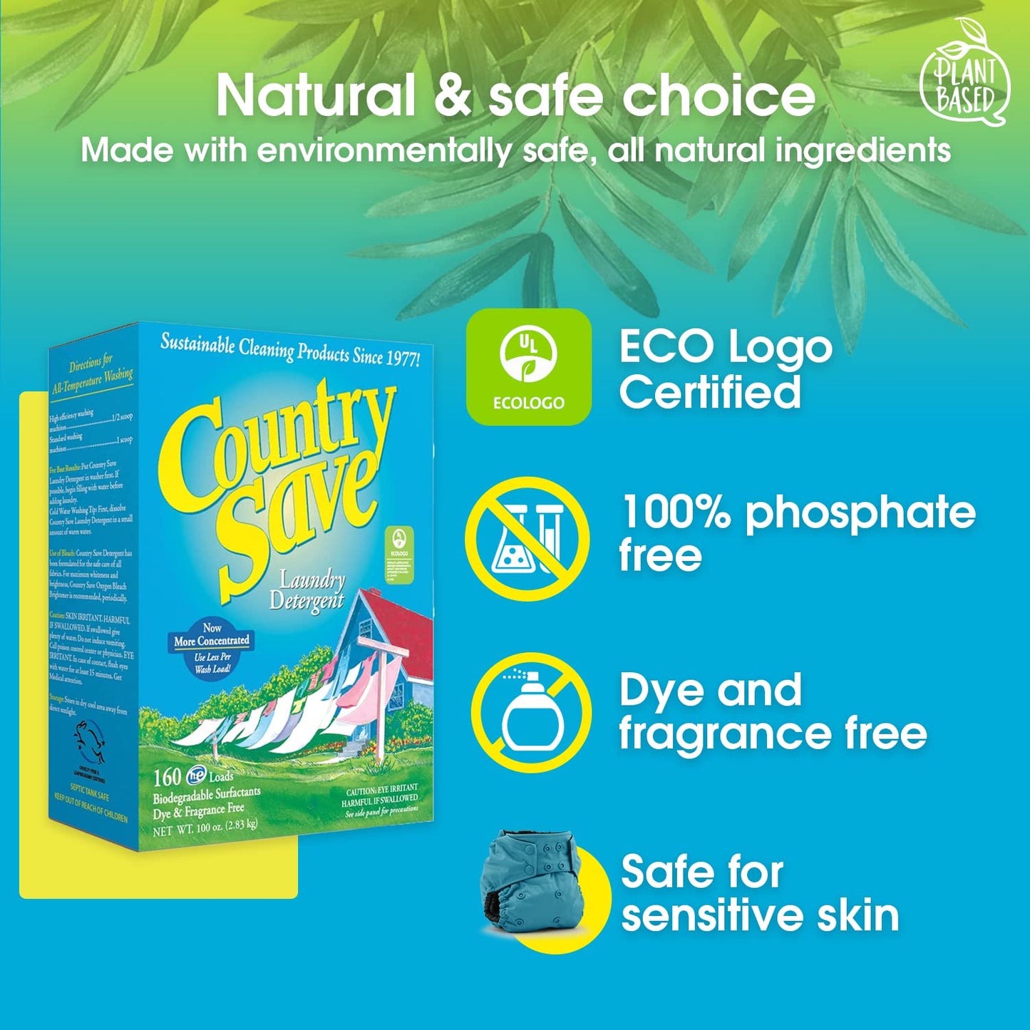 HE Natural Laundry Detergent Clear and Free of Fillers and Chemicals - Sensitive Washing Detergent Safe for Babies - Country Save Laundry Detergent