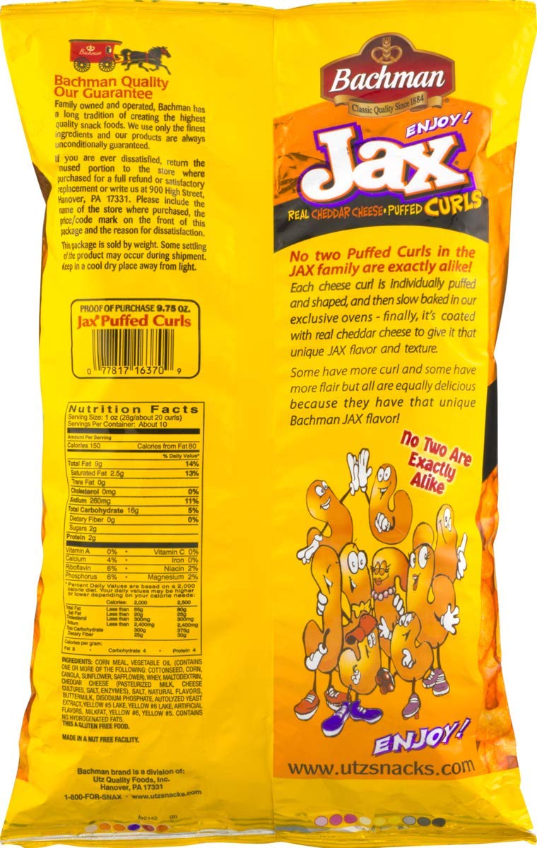 Bachman Jax Cheddar Cheese Puffed Curls 8.5 Oz Bags (3 Bags)